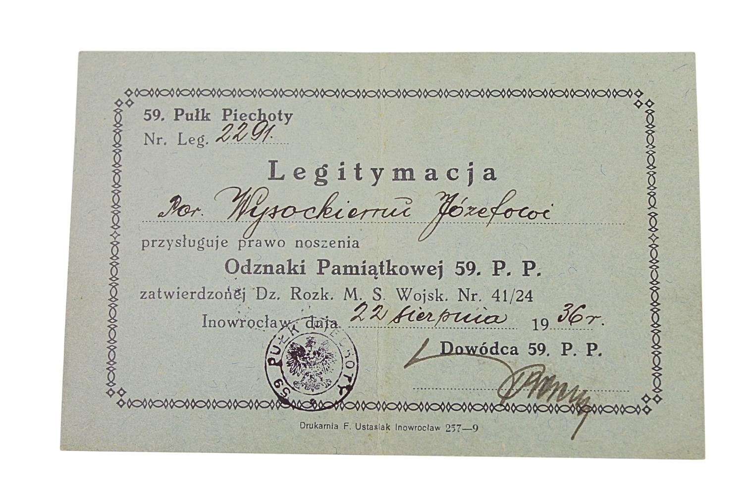 II RP ZESTAW LEGITYMACJI ODZNAK JÓZEF WYSOCKI 41PP, 59PP, POS, PZN, SP