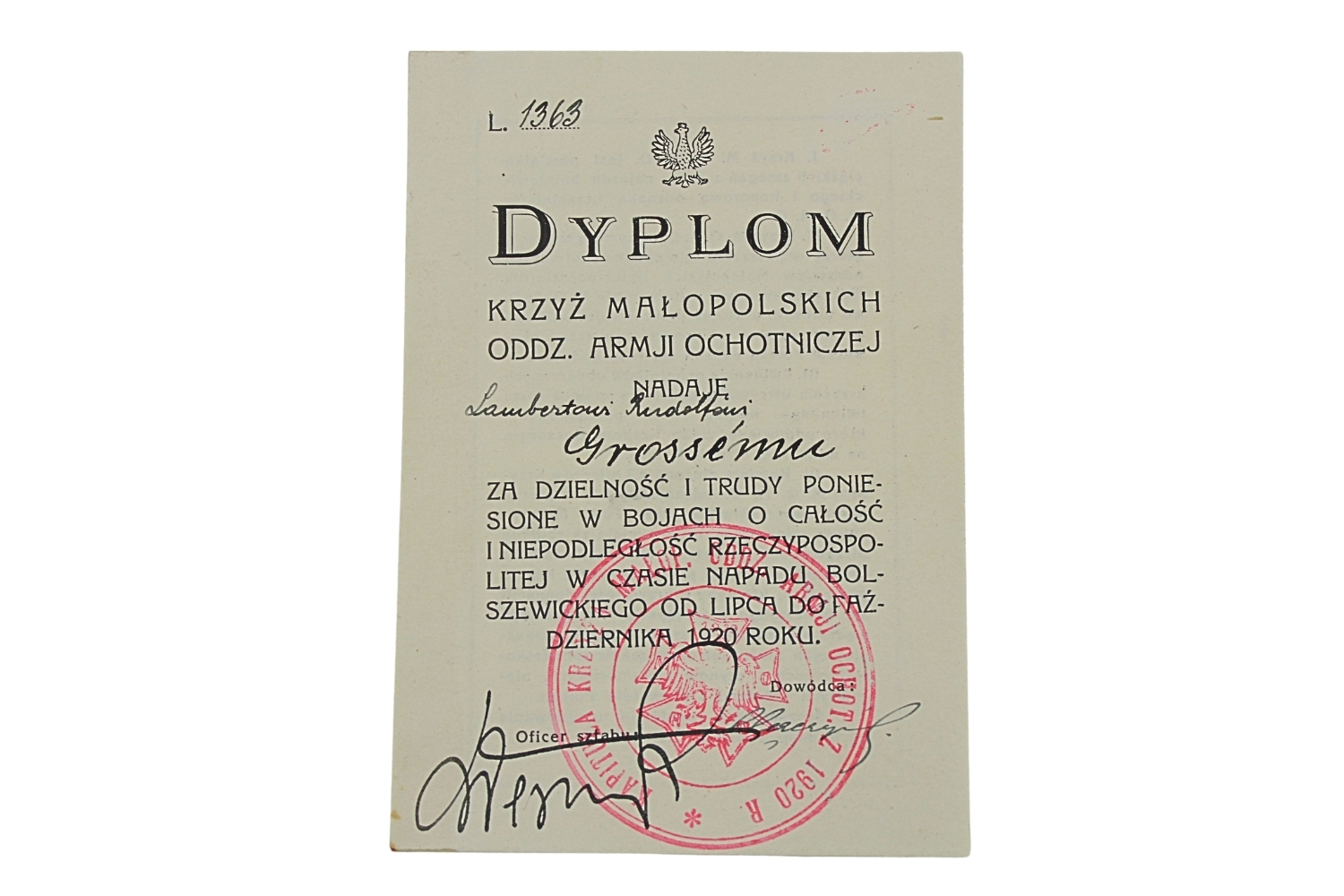 II RP Dyplom do Krzyża Małopolskich oddziałów Armii Ochotniczej 1920