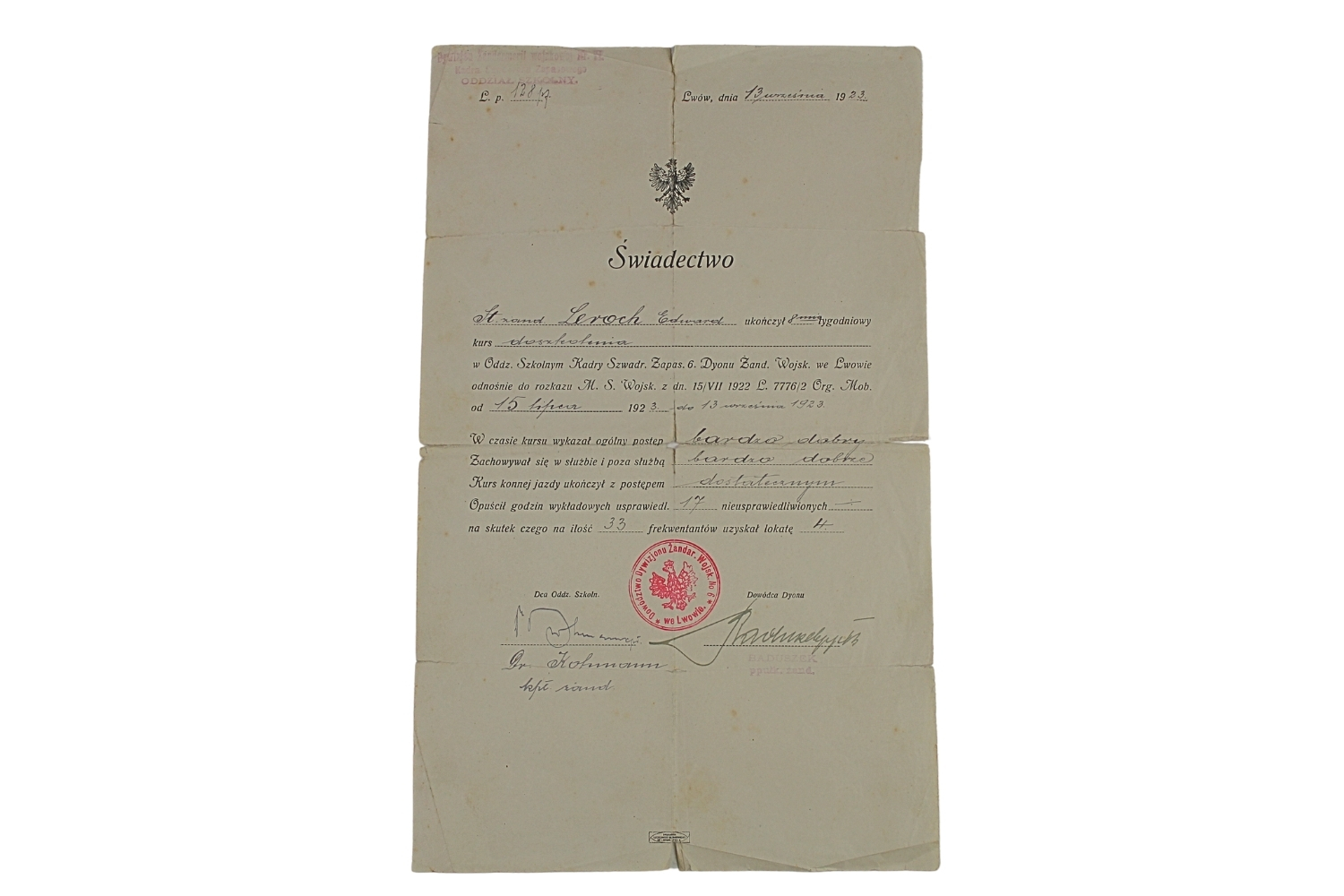 II RP ŚWIADECTWO 6 DYON ŻANDARMERII LWÓW