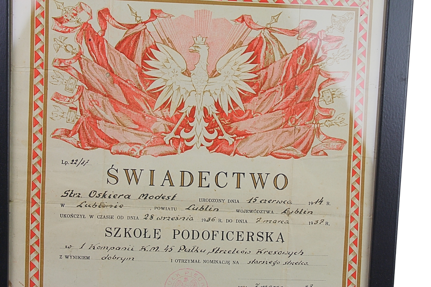 II RP Świadectwo Ukończenia Szkoły Podoficerskiej 1 kompania KM 45 PSK 1937