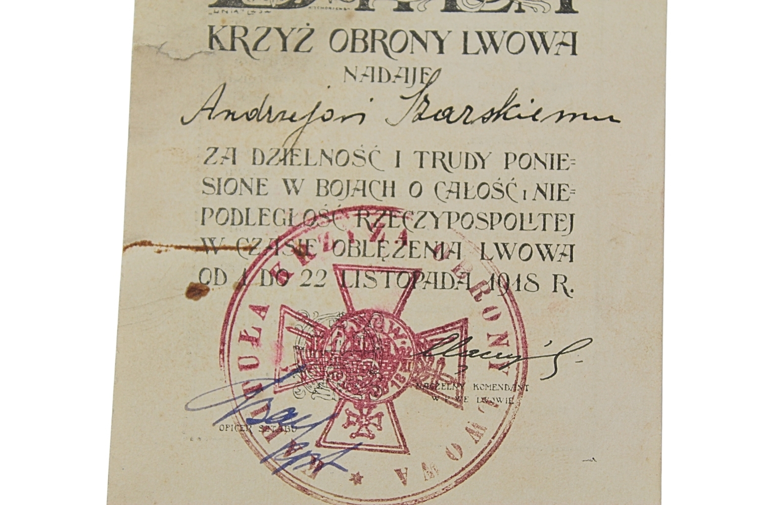 II RP Dyplom krzyża obrony Lwowa 1918