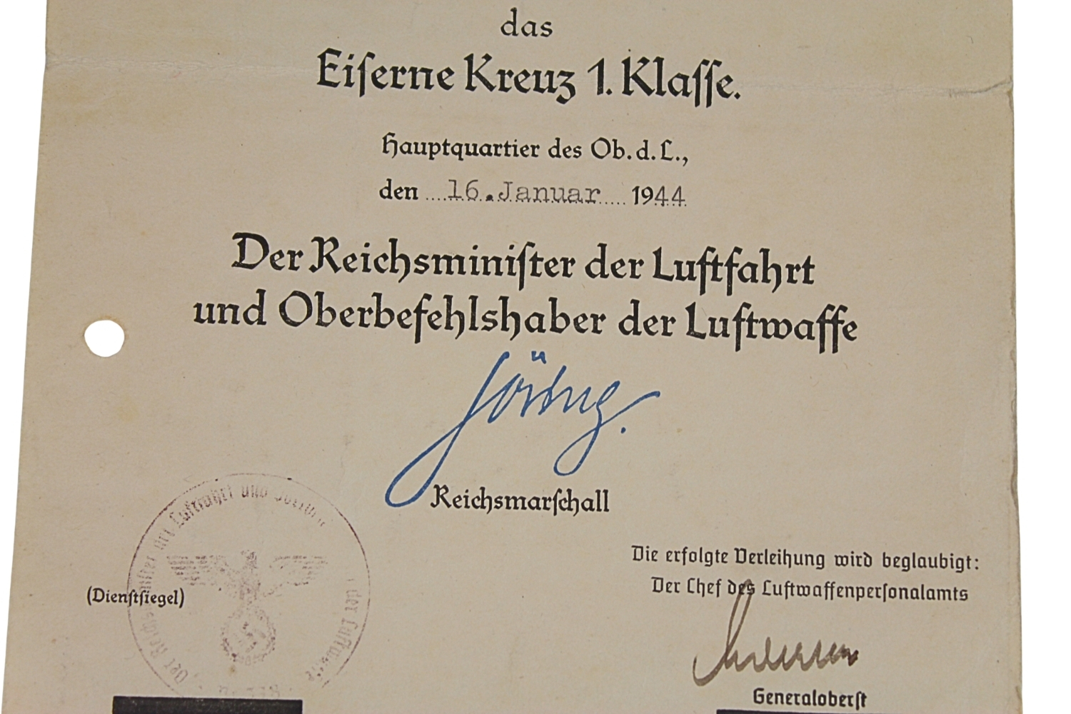 LEGITYMACJA KRZYŻA ŻELAZNKEGO I KLASY Goering