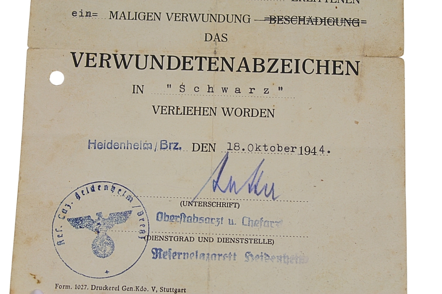 LEGITYMACJA ODZNAKI „ZA RANY” KAMPFGRUPPE „KRESS”