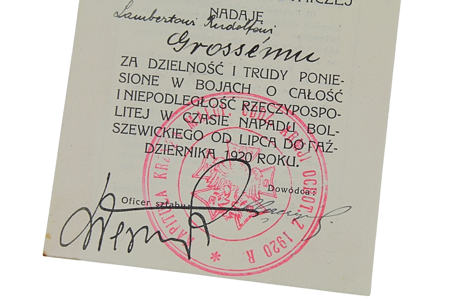 II RP Dyplom do Krzyża Małopolskich oddziałów Armii Ochotniczej 1920