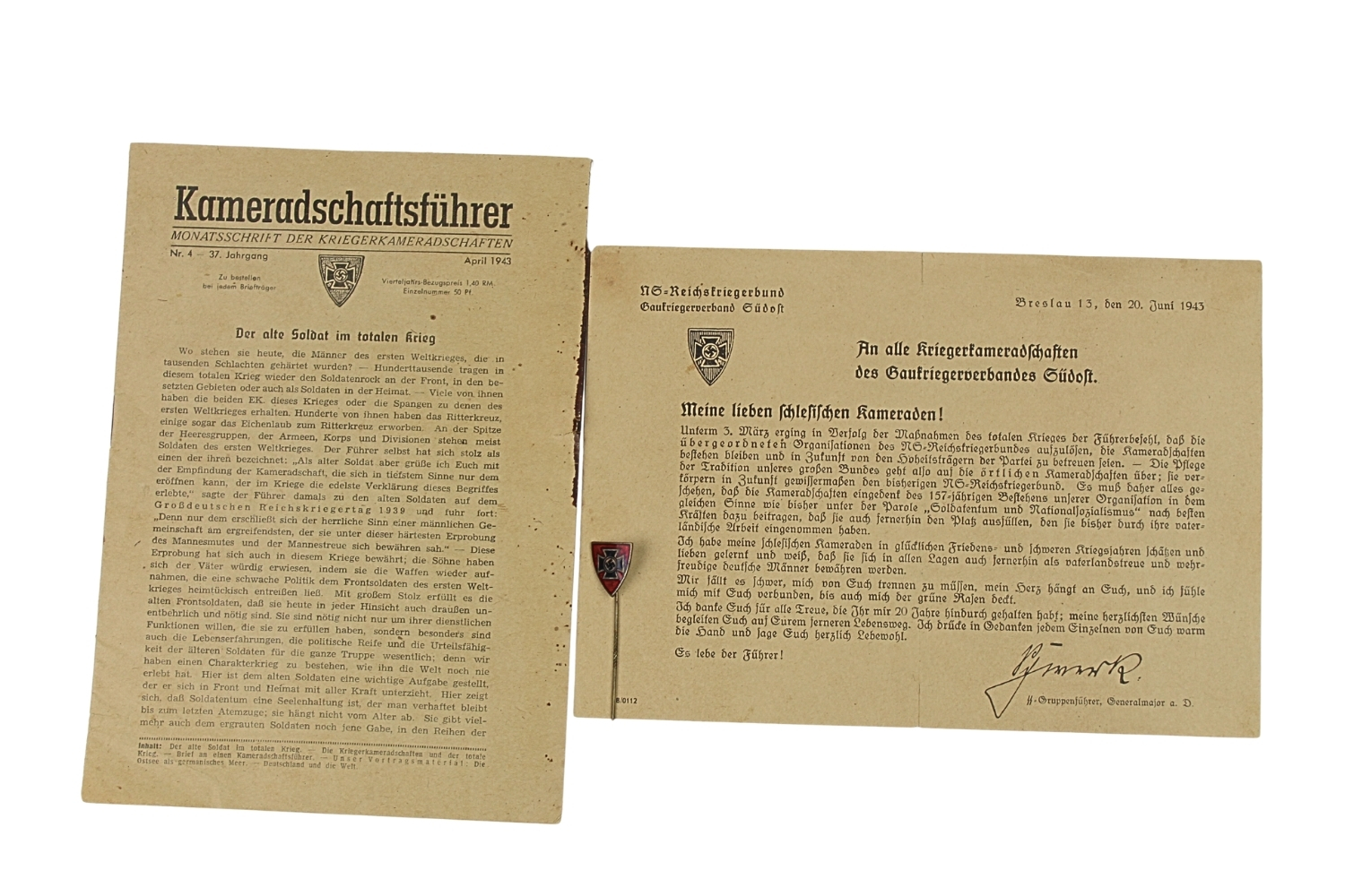 NIEMIECKI ZWIĄZEK WETERANÓW WOJENNYCH- ODZNAKA, BROSZURA, ULOTKA