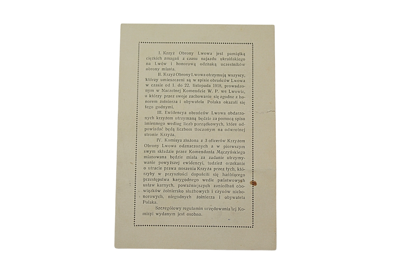 II RP Dyplom krzyża obrony Lwowa 1918