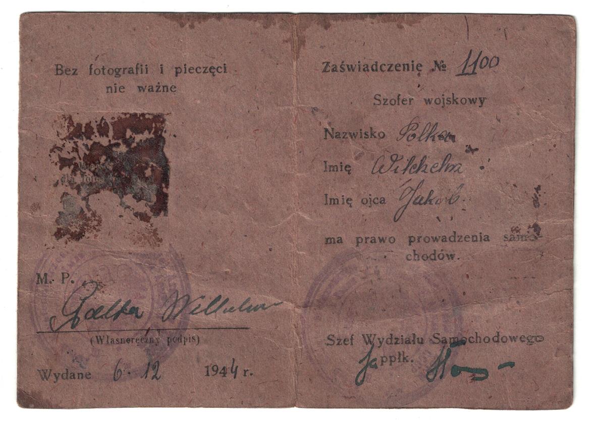 1 Armia Wojska Polskiego Zaświadczenie Szofer Wojskowy 1944
