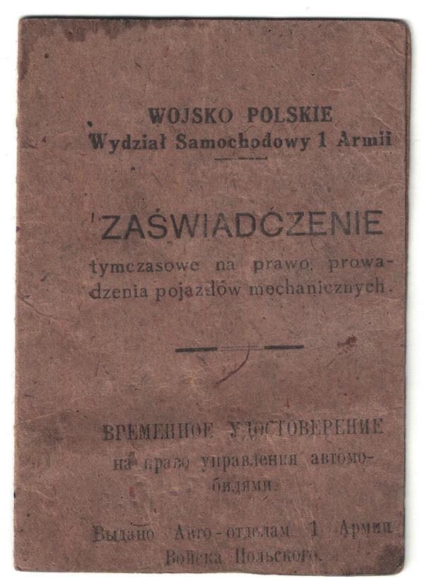 1 Armia Wojska Polskiego Zaświadczenie Szofer Wojskowy 1944