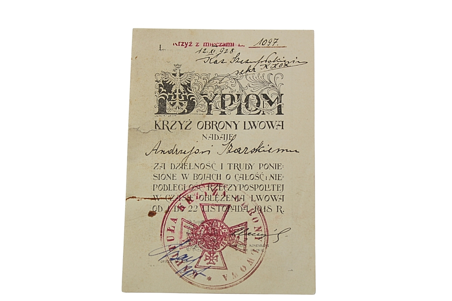 II RP Dyplom krzyża obrony Lwowa 1918
