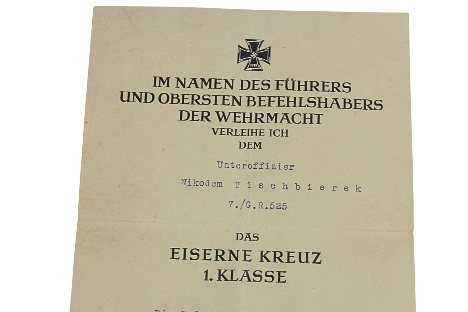 LEGITYMACJA KRZYŻA ŻELAZNKEGO I KLASY