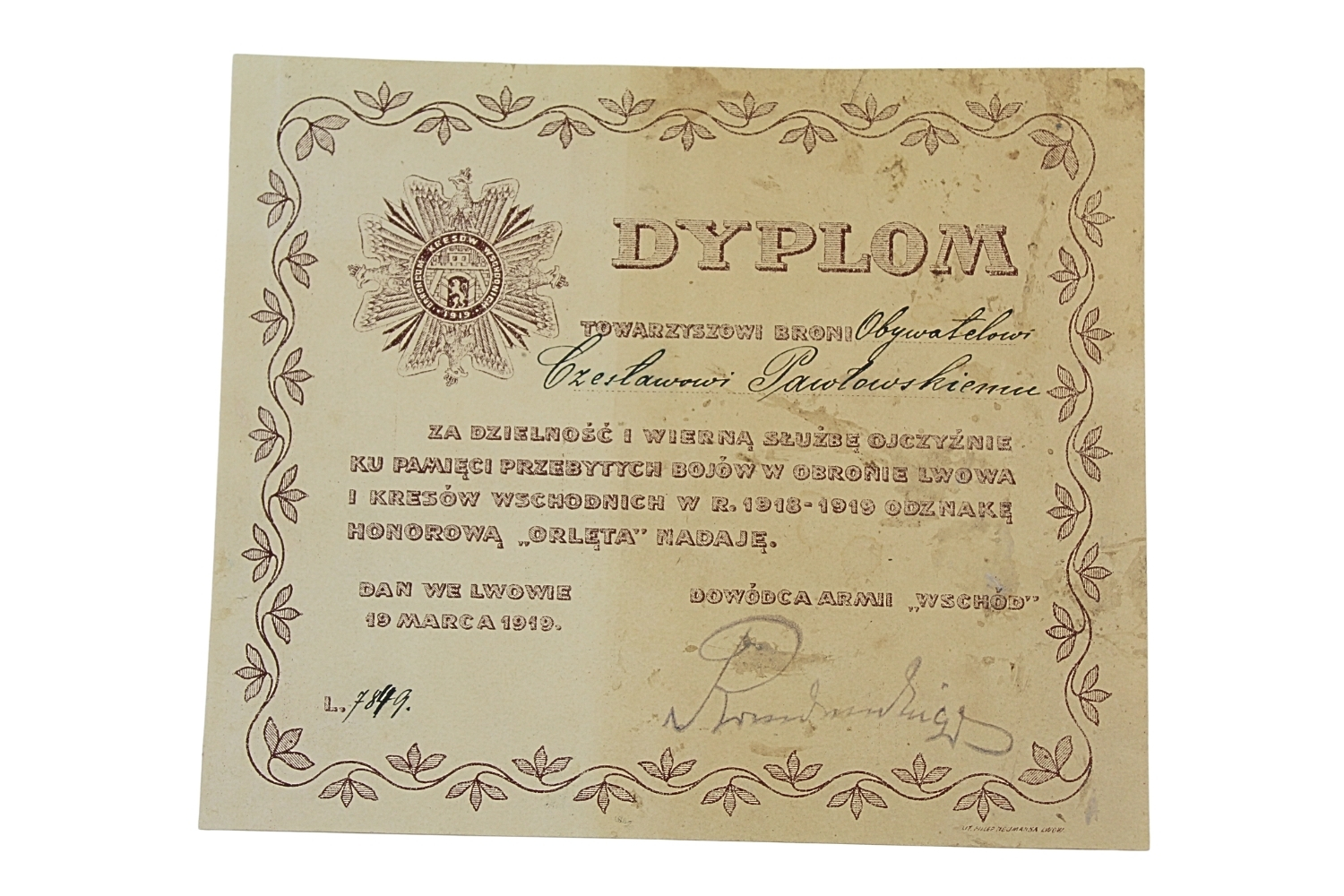II RP Dyplom do odznaki "Orlęta" 1919
