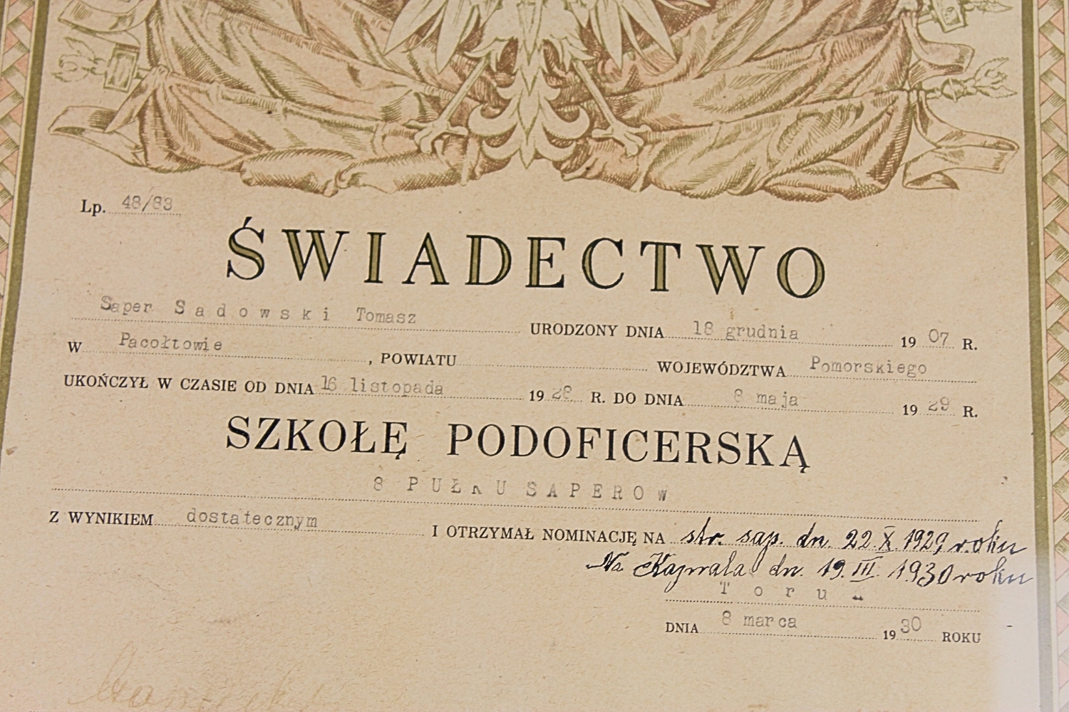 II RP ŚWIADECTWO UKOŃCZENIA SZKOŁY PODOFICERSKIEJ 8 PUŁK SAPERÓW