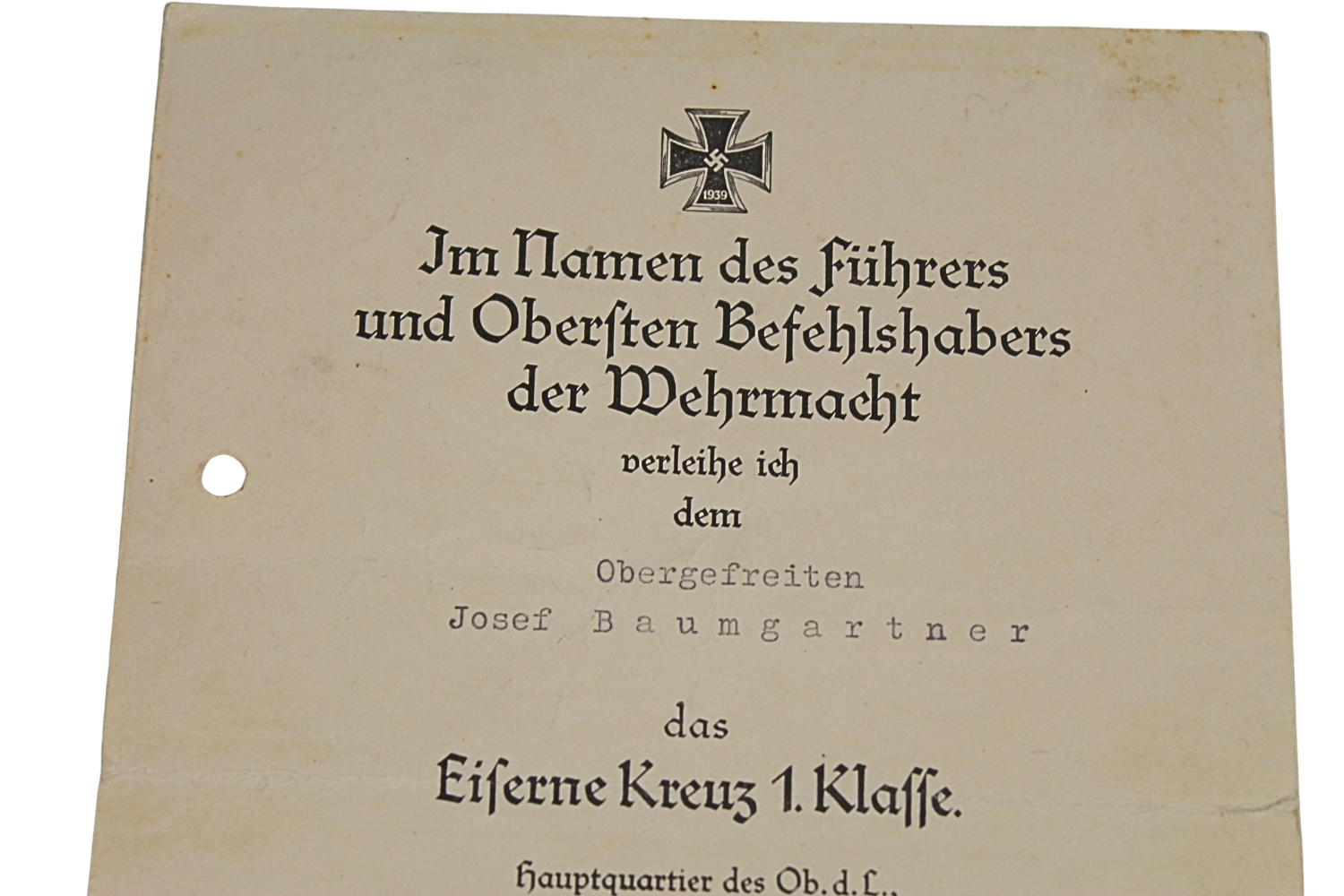 LEGITYMACJA KRZYŻA ŻELAZNKEGO I KLASY Goering