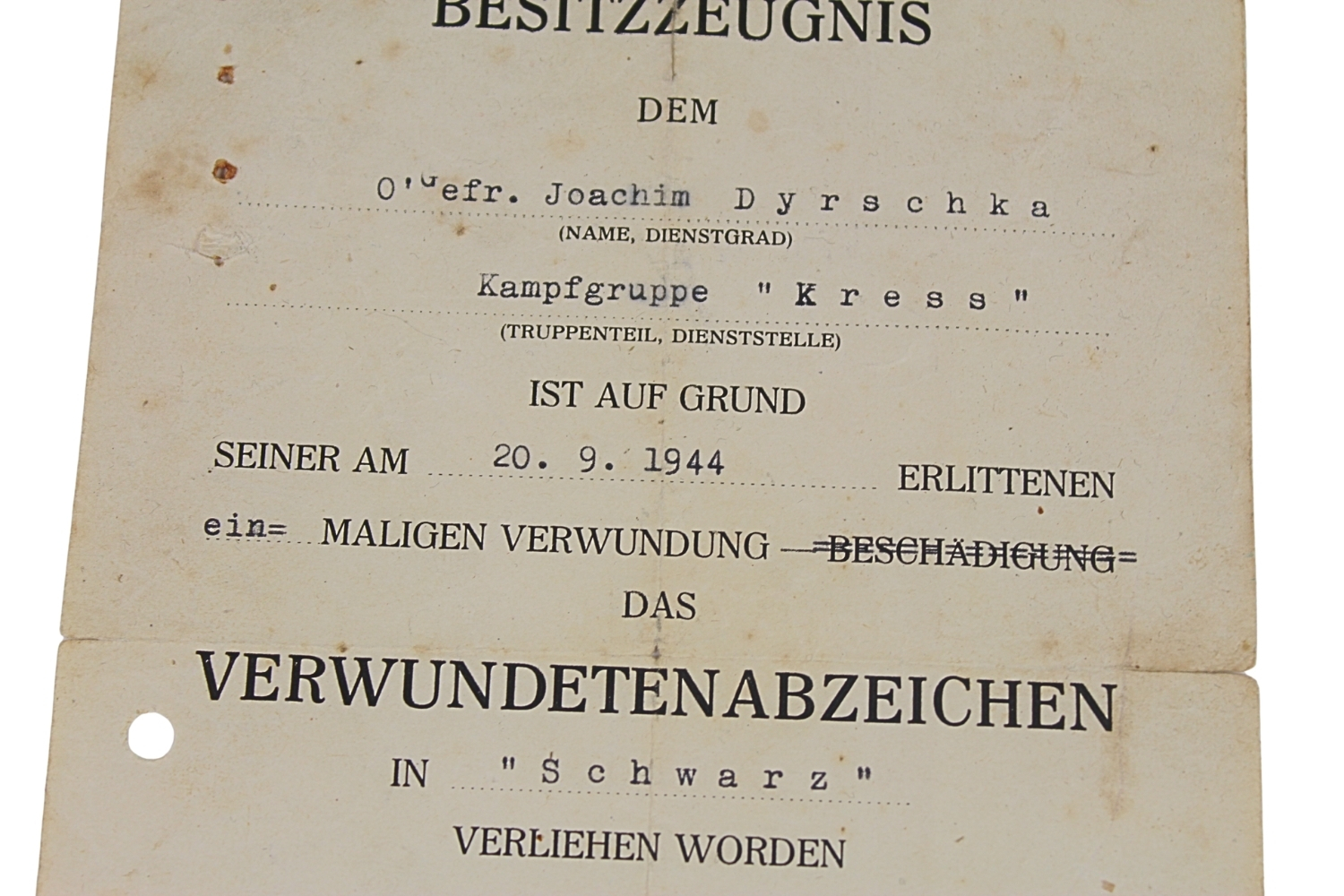 LEGITYMACJA ODZNAKI „ZA RANY” KAMPFGRUPPE „KRESS”