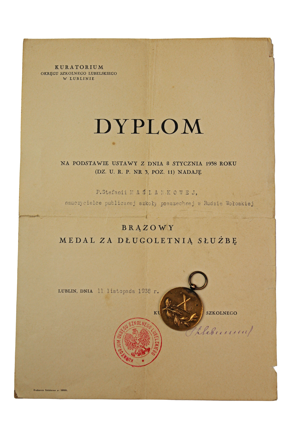 II RP Medal za długoletnią służbę wraz z dyplomem Lublin 1938