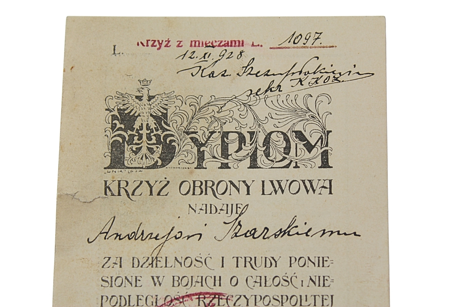 II RP Dyplom krzyża obrony Lwowa 1918