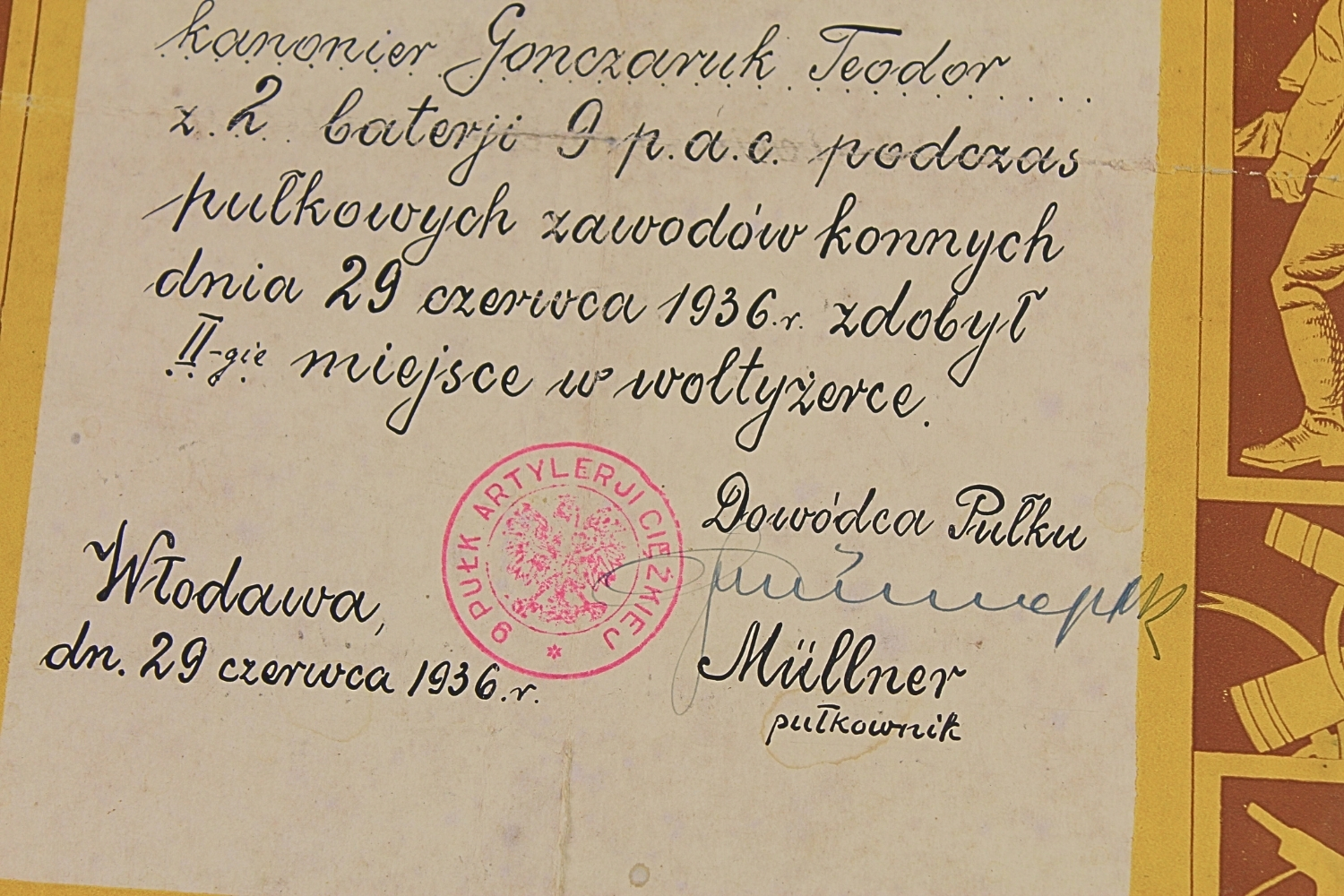 II RP DYPLOM Z ZAWODÓW 9 PUŁKU Artylerii Ciężkiej