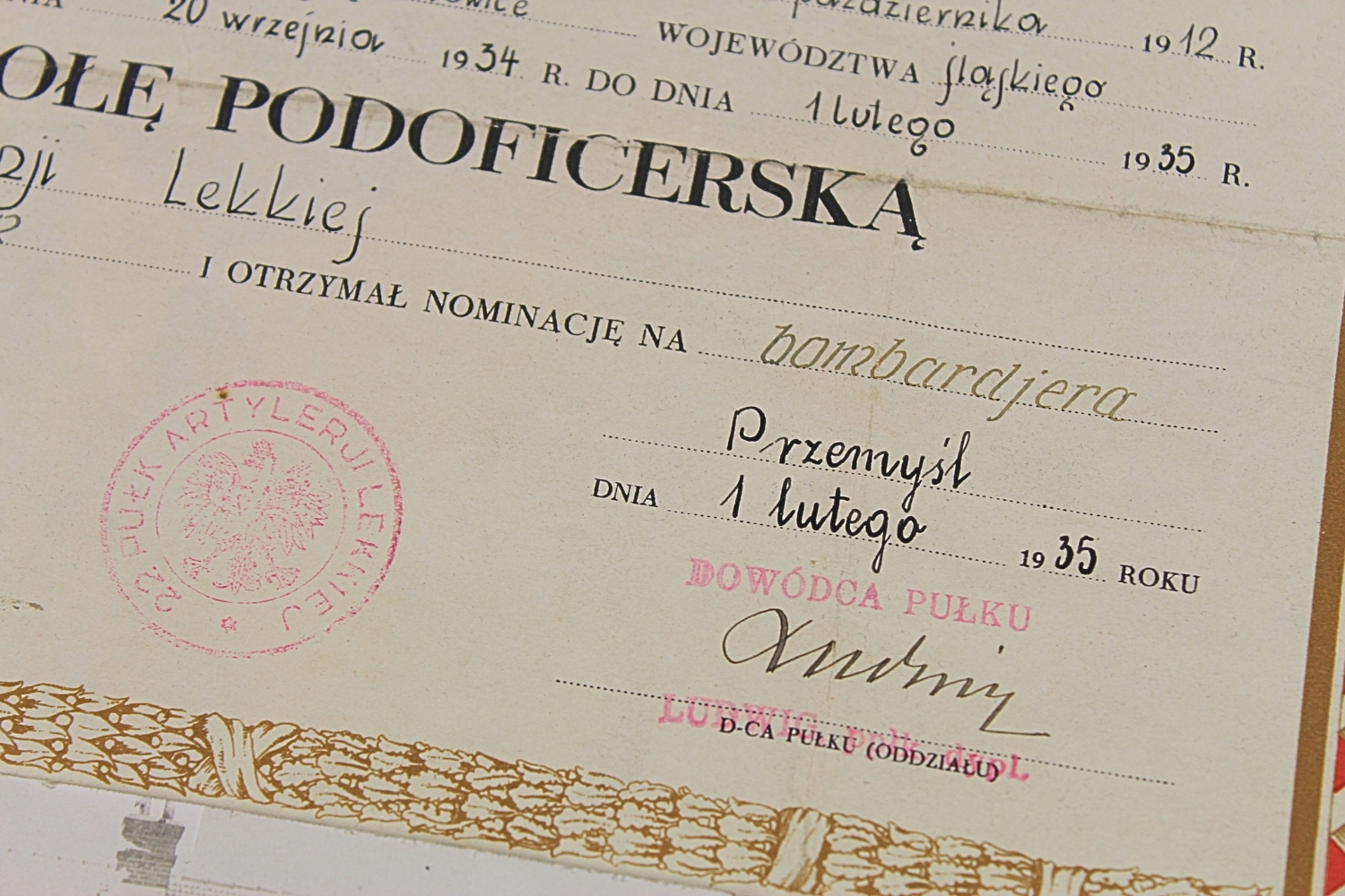 II RP Świadectwo ukończenia szkoły podoficerskiej 22 Pułk Art. Lekkiej 1935