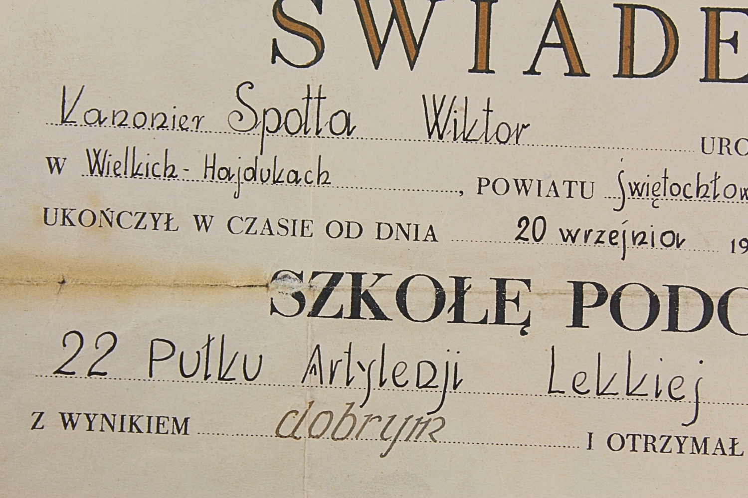 II RP Świadectwo ukończenia szkoły podoficerskiej 22 Pułk Art. Polowej