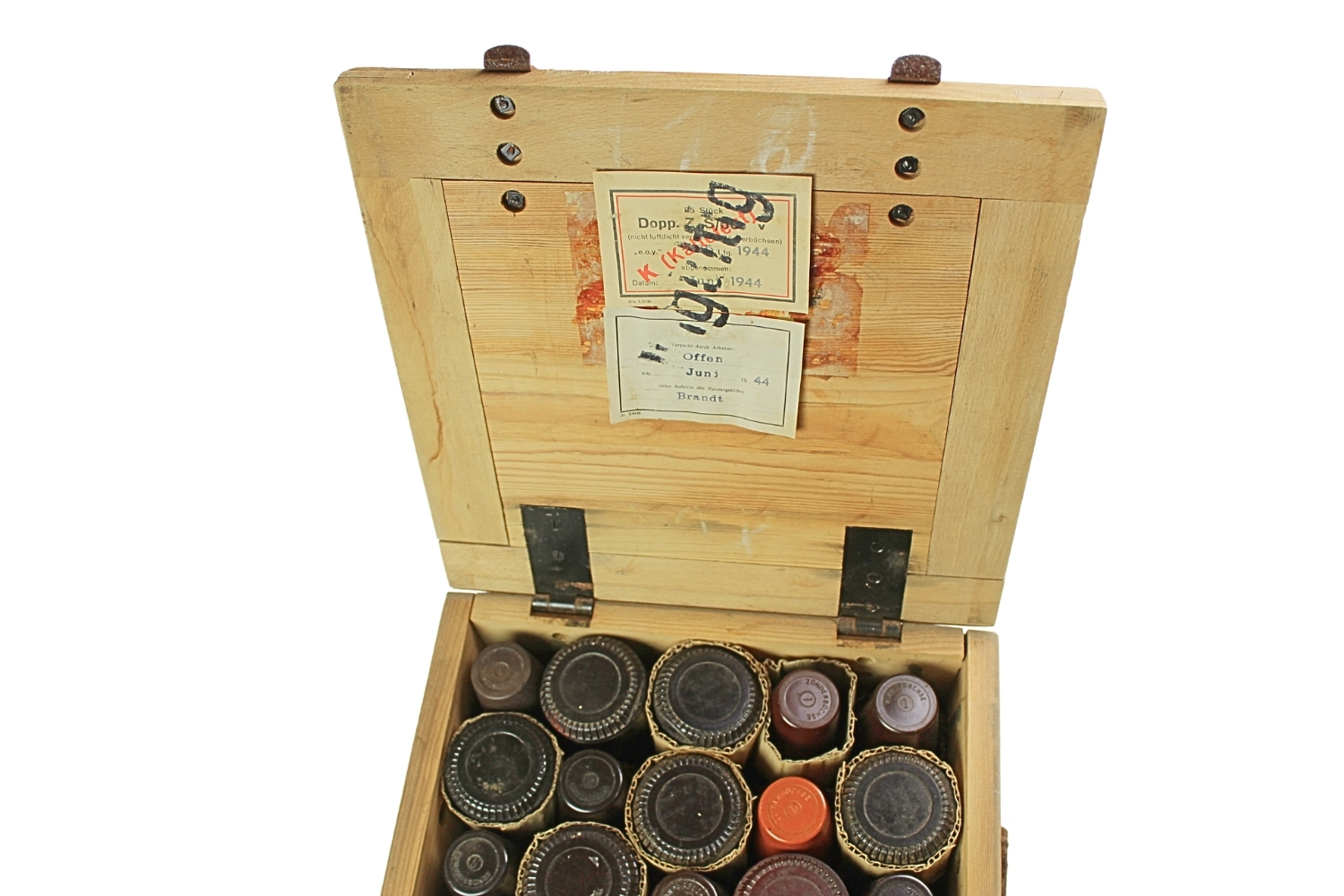 Skrzynka niemiecka na 25szt. zapalników Dopp. Z.S 60 komplet z pojemnikami 