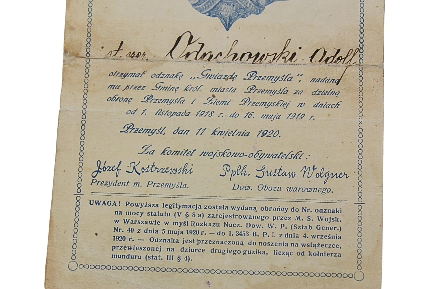 II RP Dyplom do odznaki „Gwiazda Przemyśla” 1920