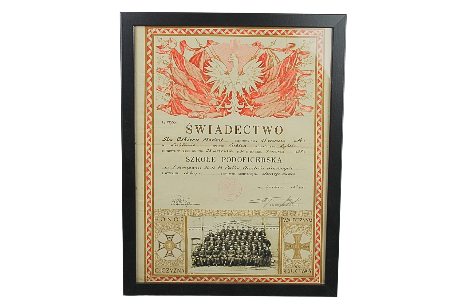 II RP Świadectwo Ukończenia Szkoły Podoficerskiej 1 kompania KM 45 PSK 1937