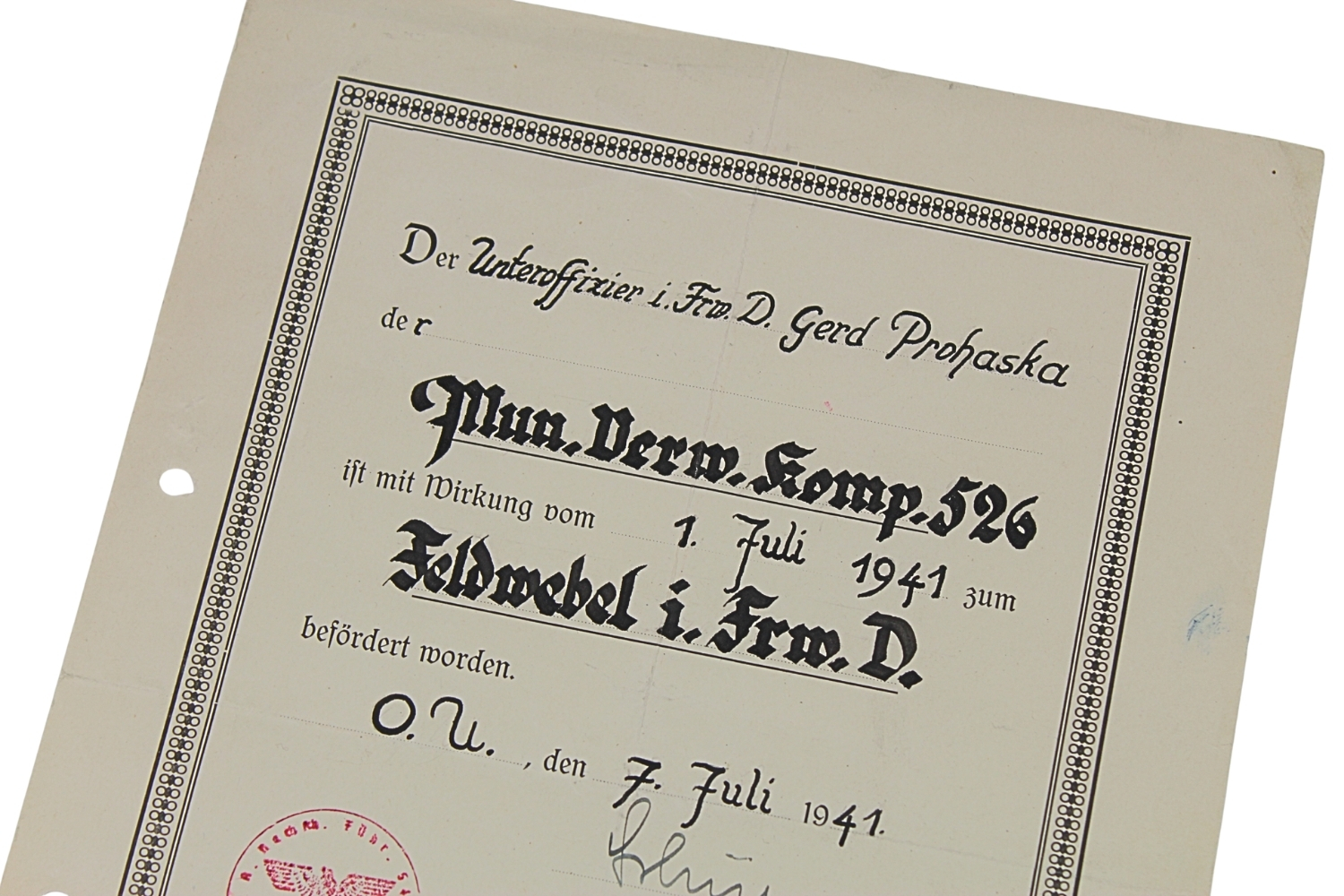 NIEMIECKI DYPLOM MIANOWANIA PODOFICERA 1941 ROK