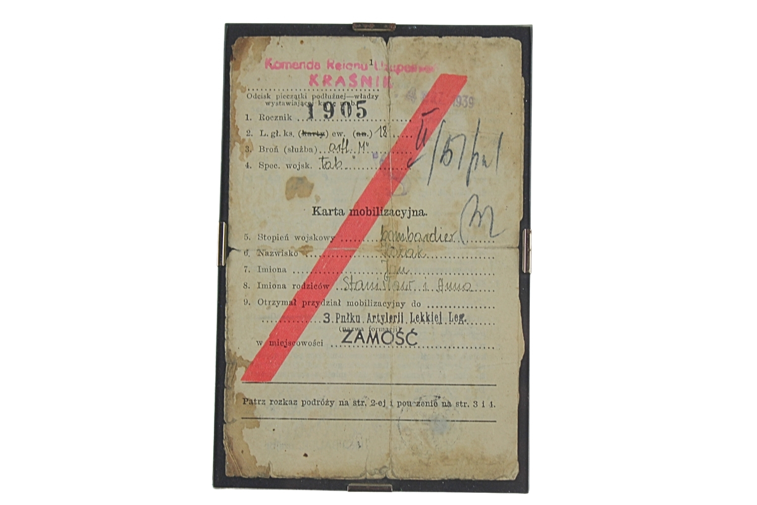 II RP KARTA MOBILIZACYJNA ZAMOŚĆ 3 PAL LEG.