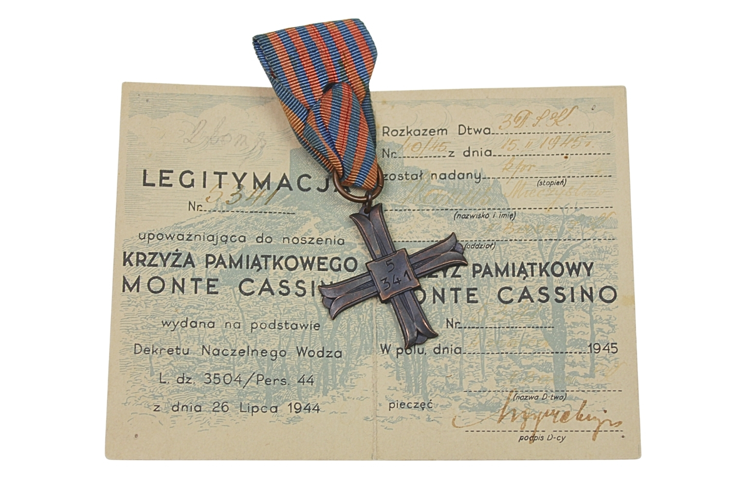PSZnZ KRZYŻ MONTE CASSINO 1944 WRAZ Z LEGITYMACJĄ Mieczysław Hanus
