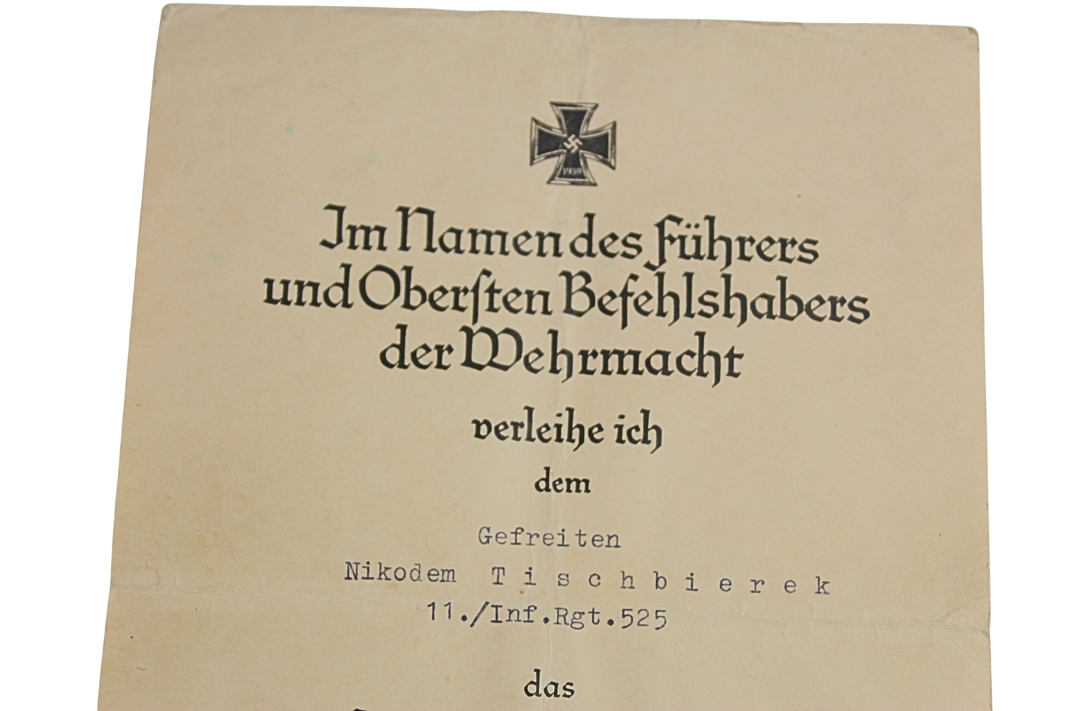 LEGITYMACJA KRZYŻA ŻELAZNEGO II KLASY