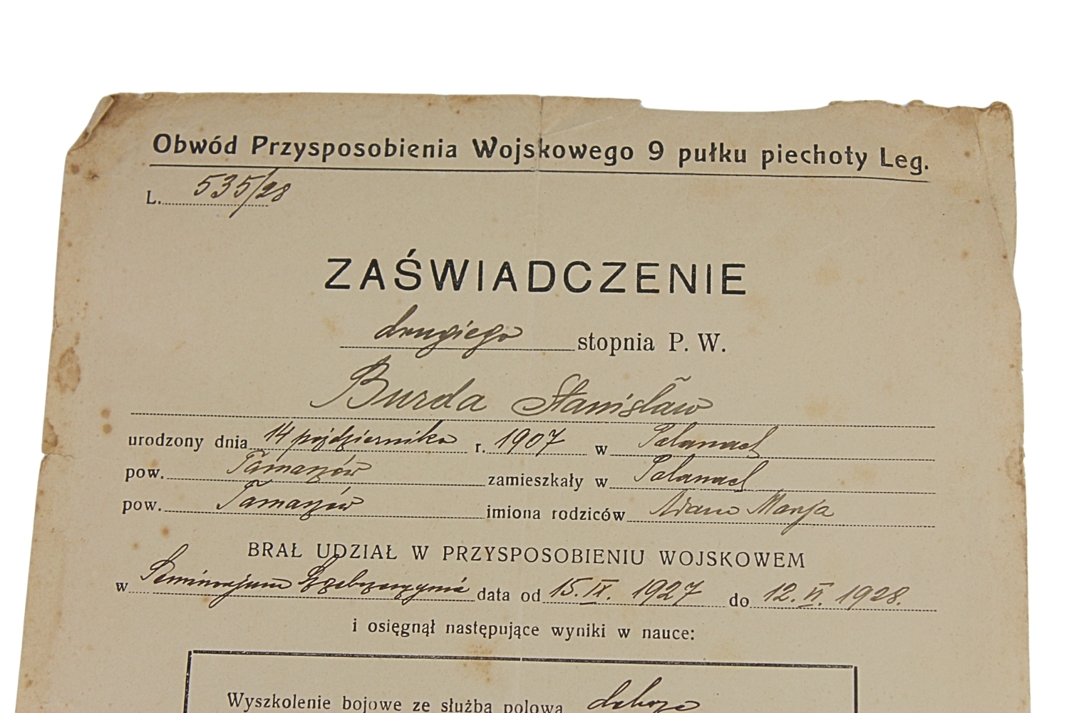 II RP ZAŚWIADCZENIE DRUGIEGO STOPNIA P.W. 9 PP LEG.