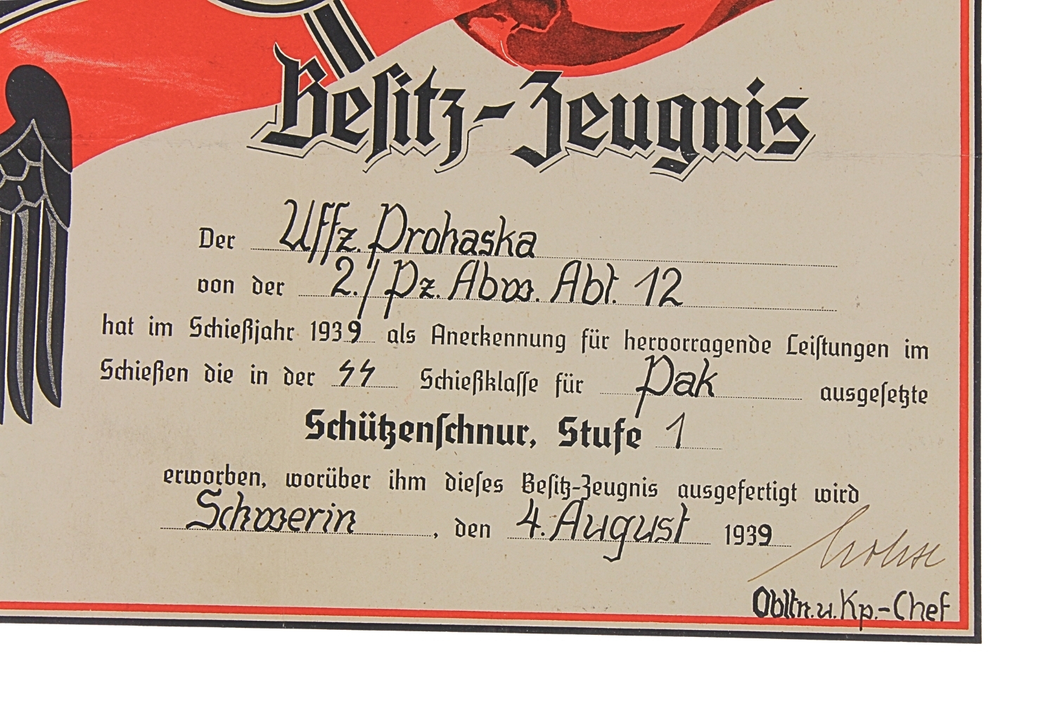 NIEMIECKIE ŚWIADECTWO ZA STRZELANIE Z ARMATY PRZECIWPANCERNEJ PAK 