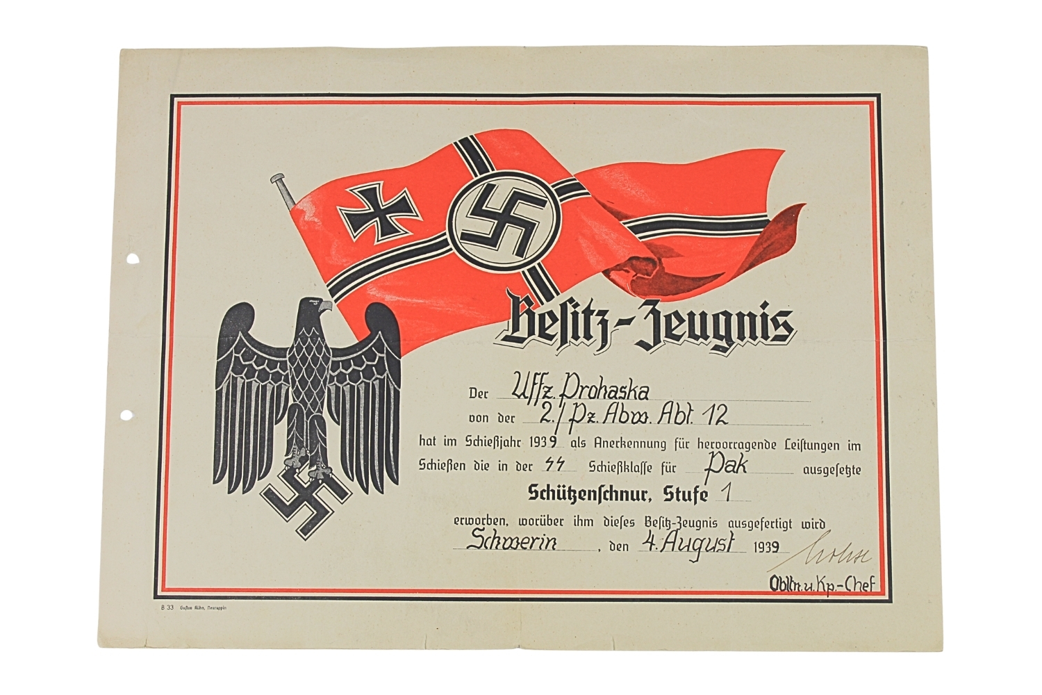 NIEMIECKIE ŚWIADECTWO ZA STRZELANIE Z ARMATY PRZECIWPANCERNEJ PAK 