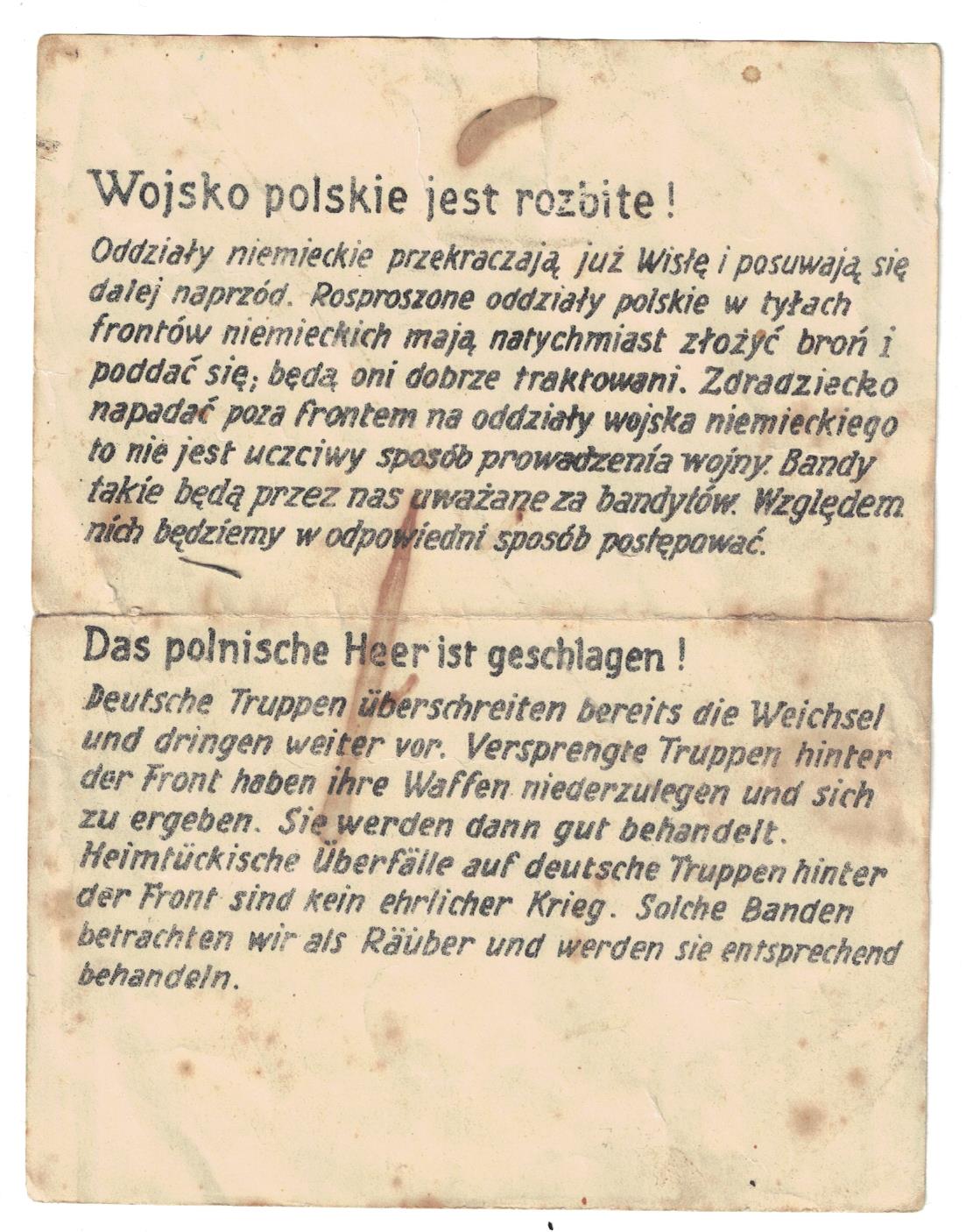 Ulotka Propagandowa Wrzesień 1939 „Wojsko Polskie jest rozbite”