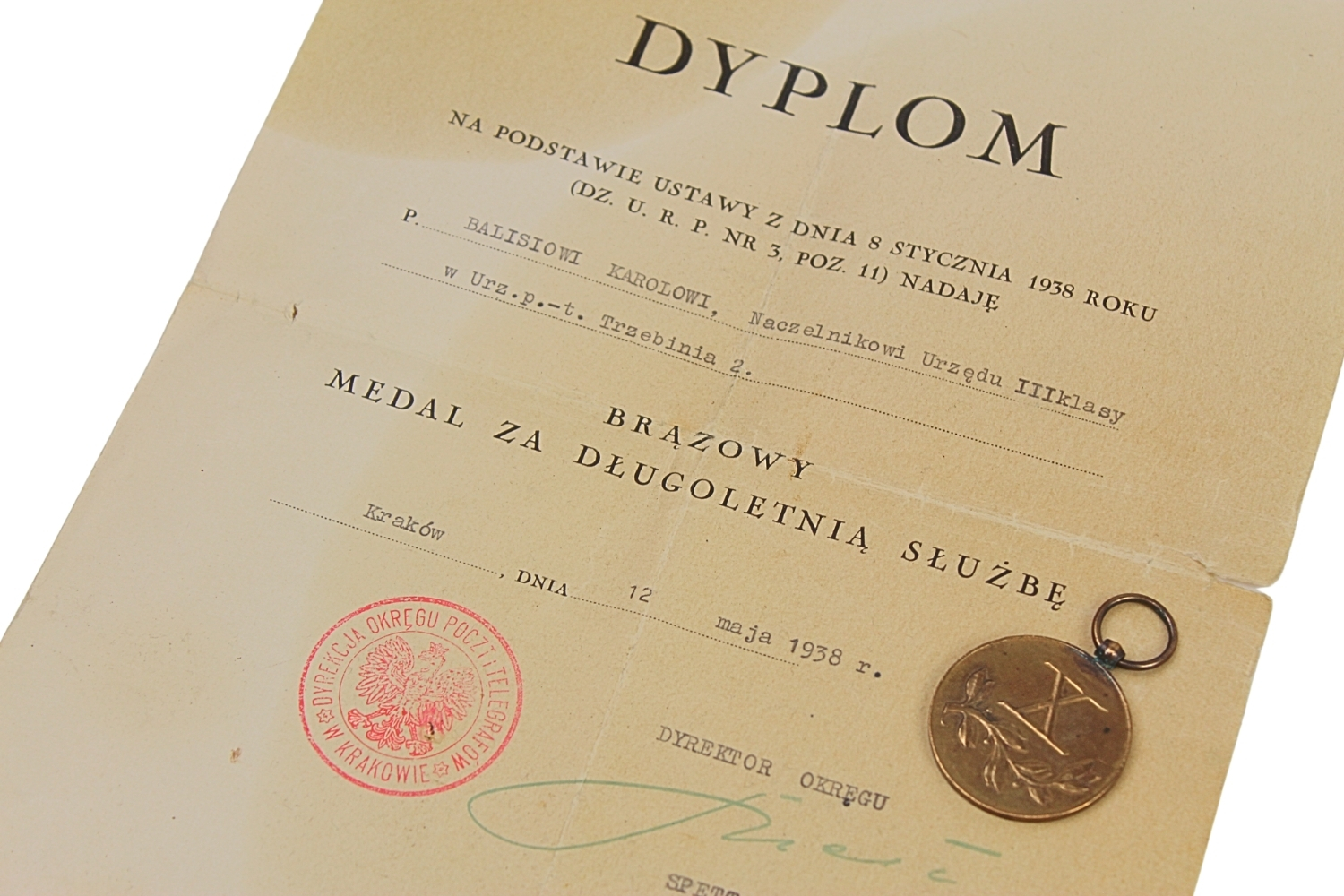 II RP Medal za długą służbę 10-lat służby z dyplomem