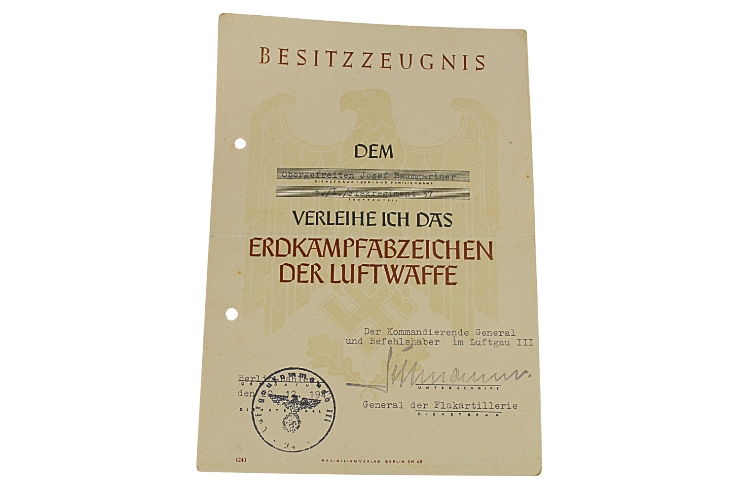 LEGITYMACJA ODZNAKI BOJOWEJ SIŁ POWIETRZNYCH