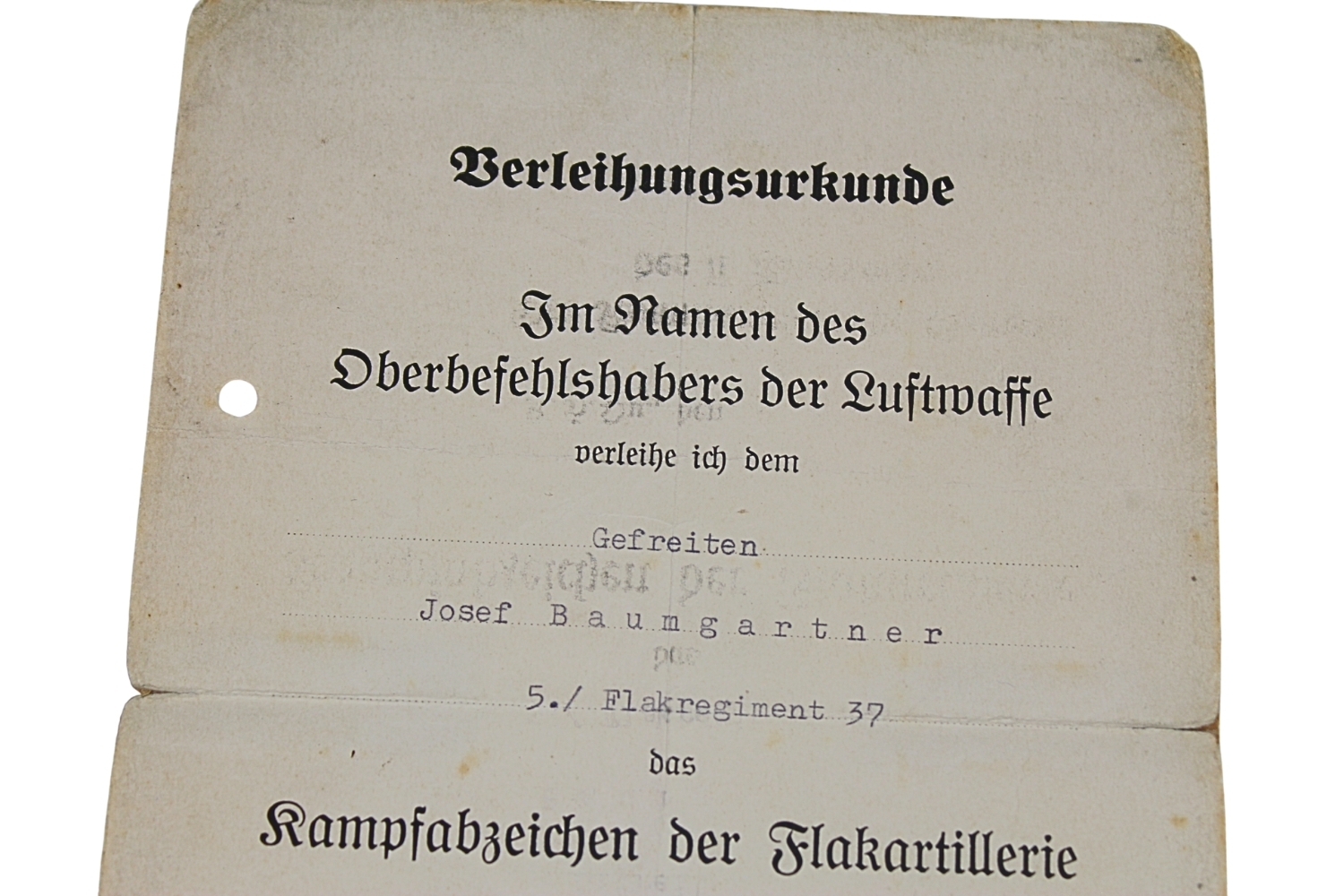 LEGITYMACJA ODZNAKI BOJOWEJ ARTYLERII PRZECIWLOTNICZEJ