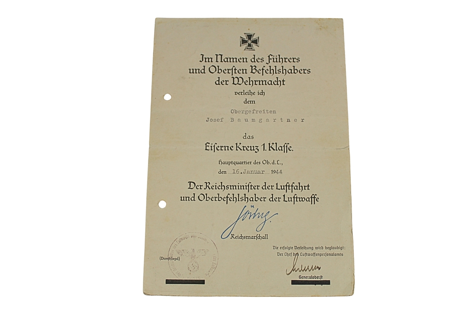 LEGITYMACJA KRZYŻA ŻELAZNKEGO I KLASY Goering