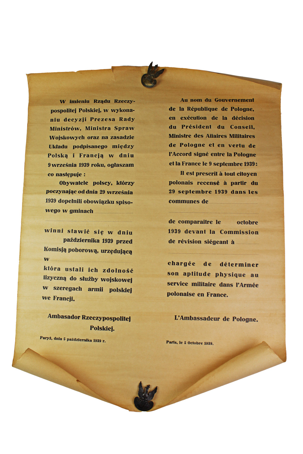 II RP PLAKAT AMBASADOR RP PARYŻ 5 PAŹDZIERNIKA 1939