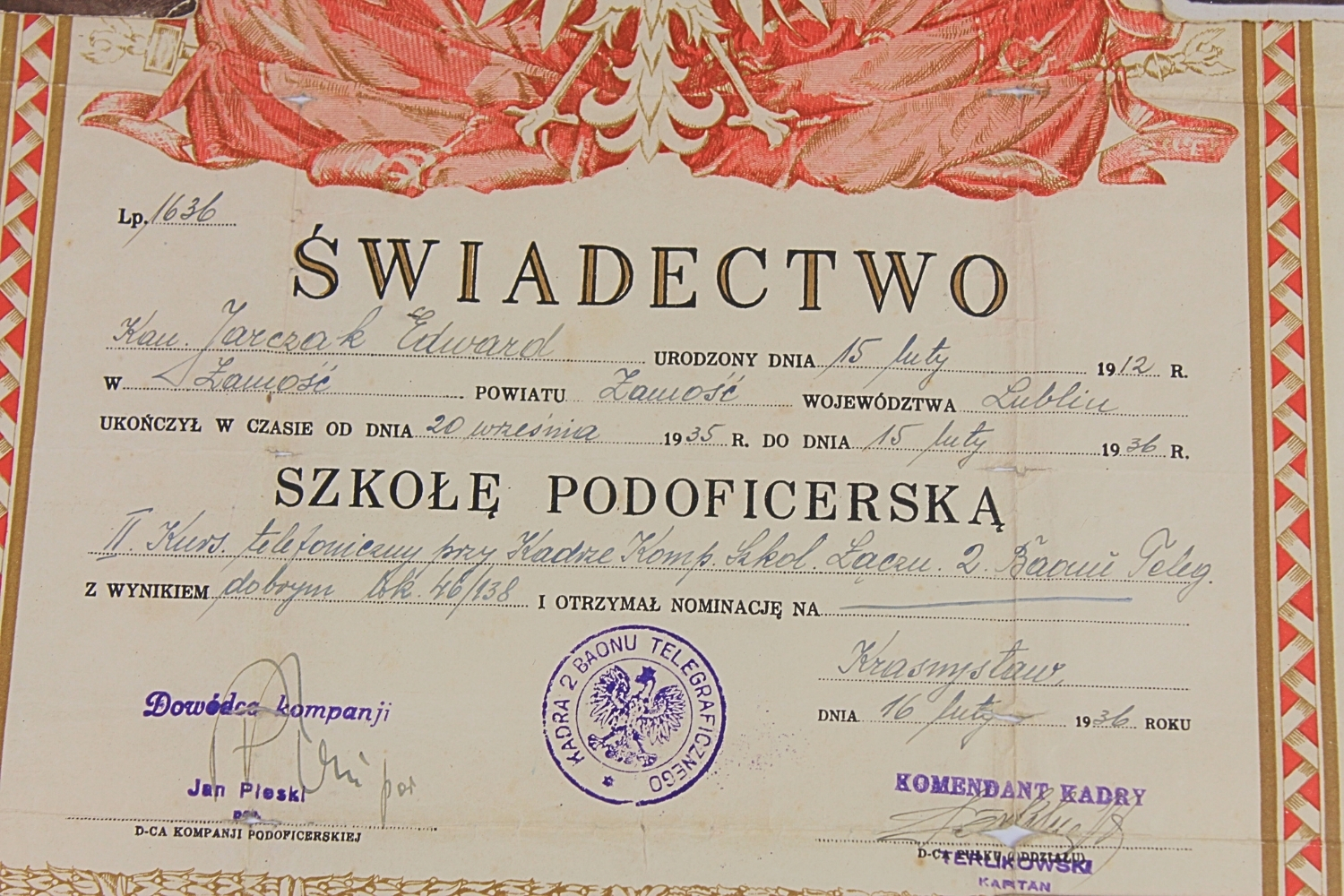 II RP ŚWIADECTWO UKOŃCZENIA SZKOŁY PODOFICERSKIEJ 2 BAON TELEGRAFICZNY