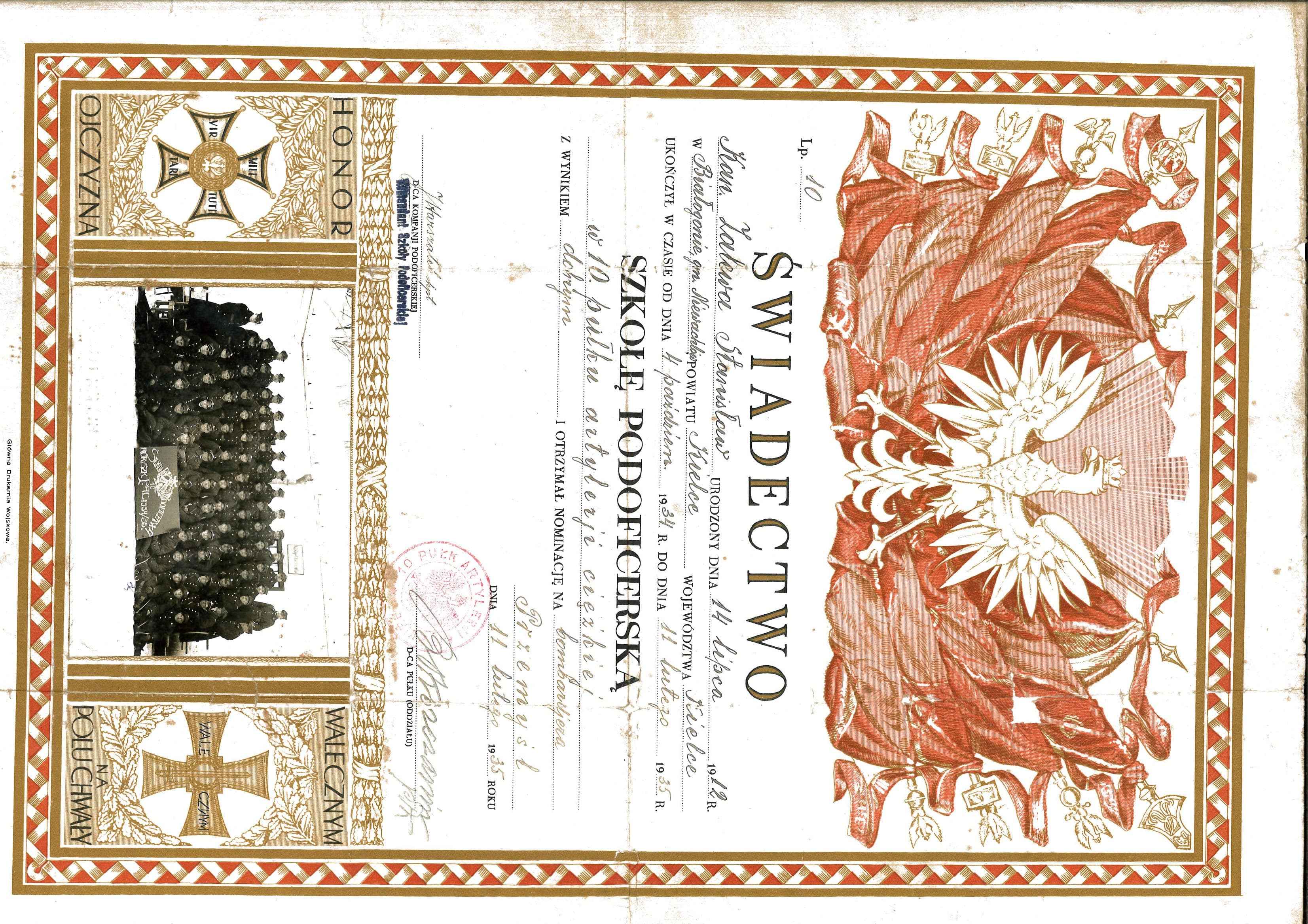 II RP Świadectwo ukończenia szkoły podoficerskiej 10 Pułk Artylerii Ciężkiej