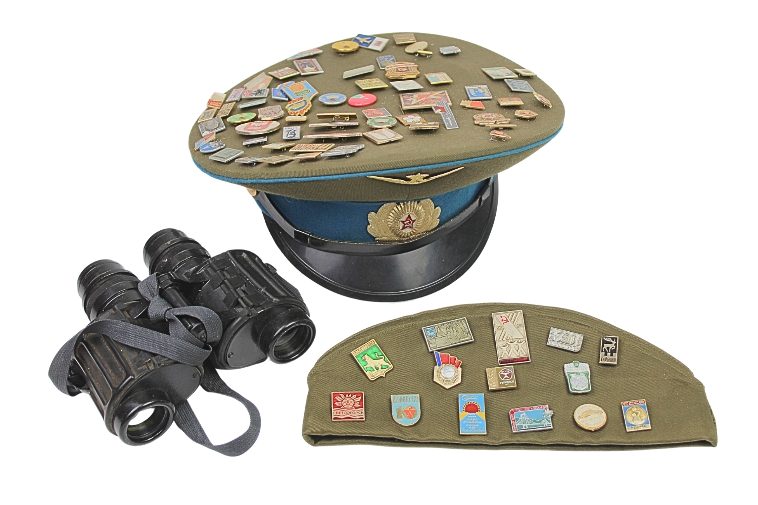 ZSRR ZESTAW: CZAPKA, FURAŻERKA z odznaczeniami i LORNETKA