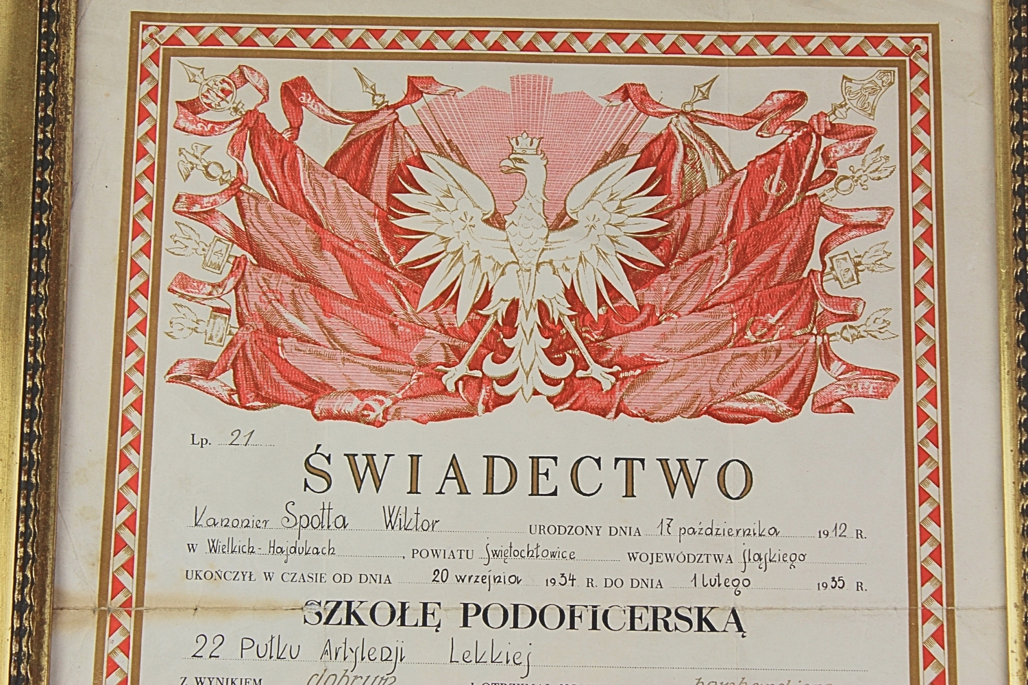 II RP Świadectwo ukończenia szkoły podoficerskiej 22 Pułk Art. Polowej
