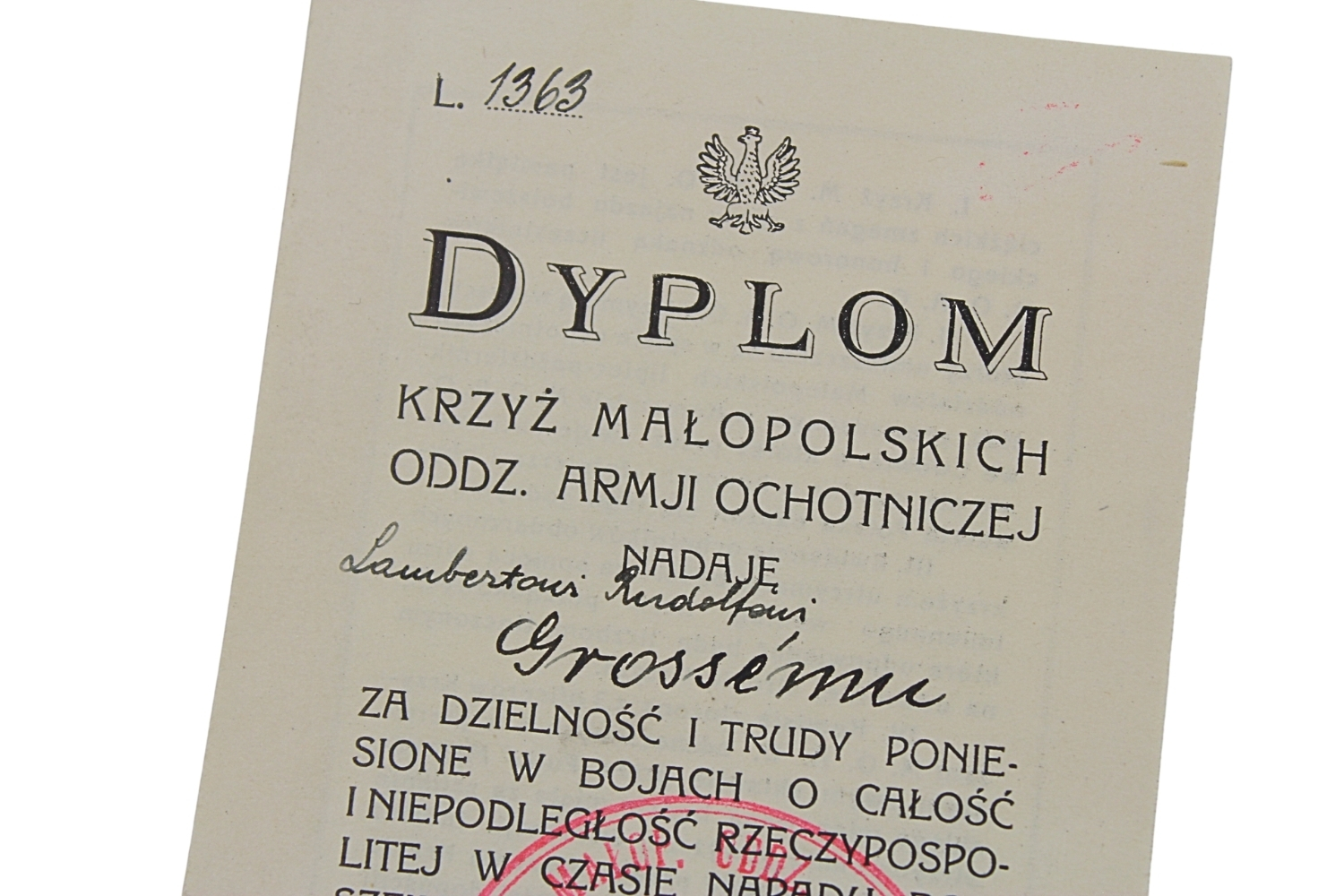 II RP Dyplom do Krzyża Małopolskich oddziałów Armii Ochotniczej 1920