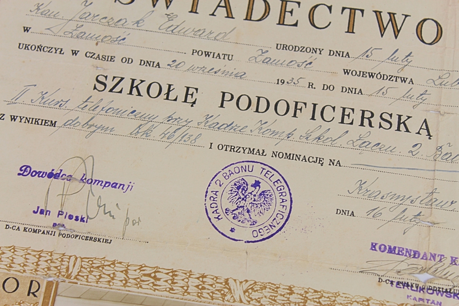 II RP ŚWIADECTWO UKOŃCZENIA SZKOŁY PODOFICERSKIEJ 2 BAON TELEGRAFICZNY