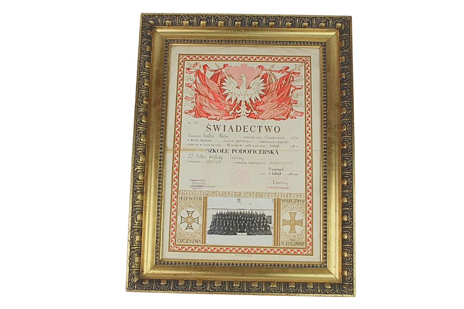 II RP Świadectwo ukończenia szkoły podoficerskiej 22 Pułk Art. Lekkiej 1935