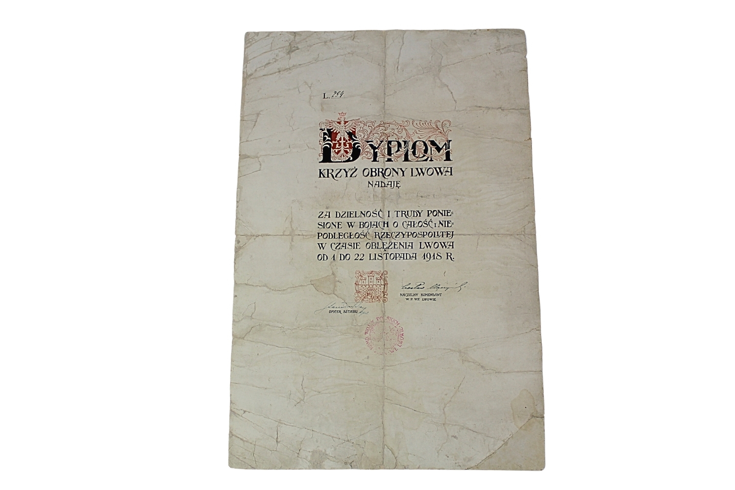 II RP Dyplom Krzyż Obrony Lwowa 1918