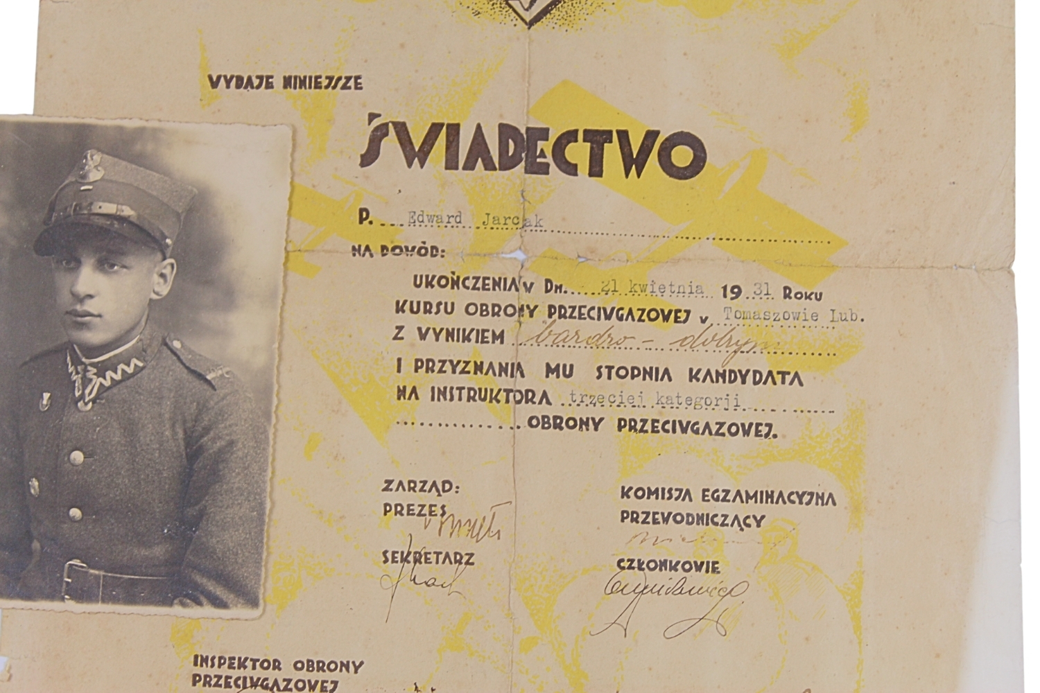 II RP ŚWIADECTWO L.O.P.P. TOMASZÓW LUBELSKI