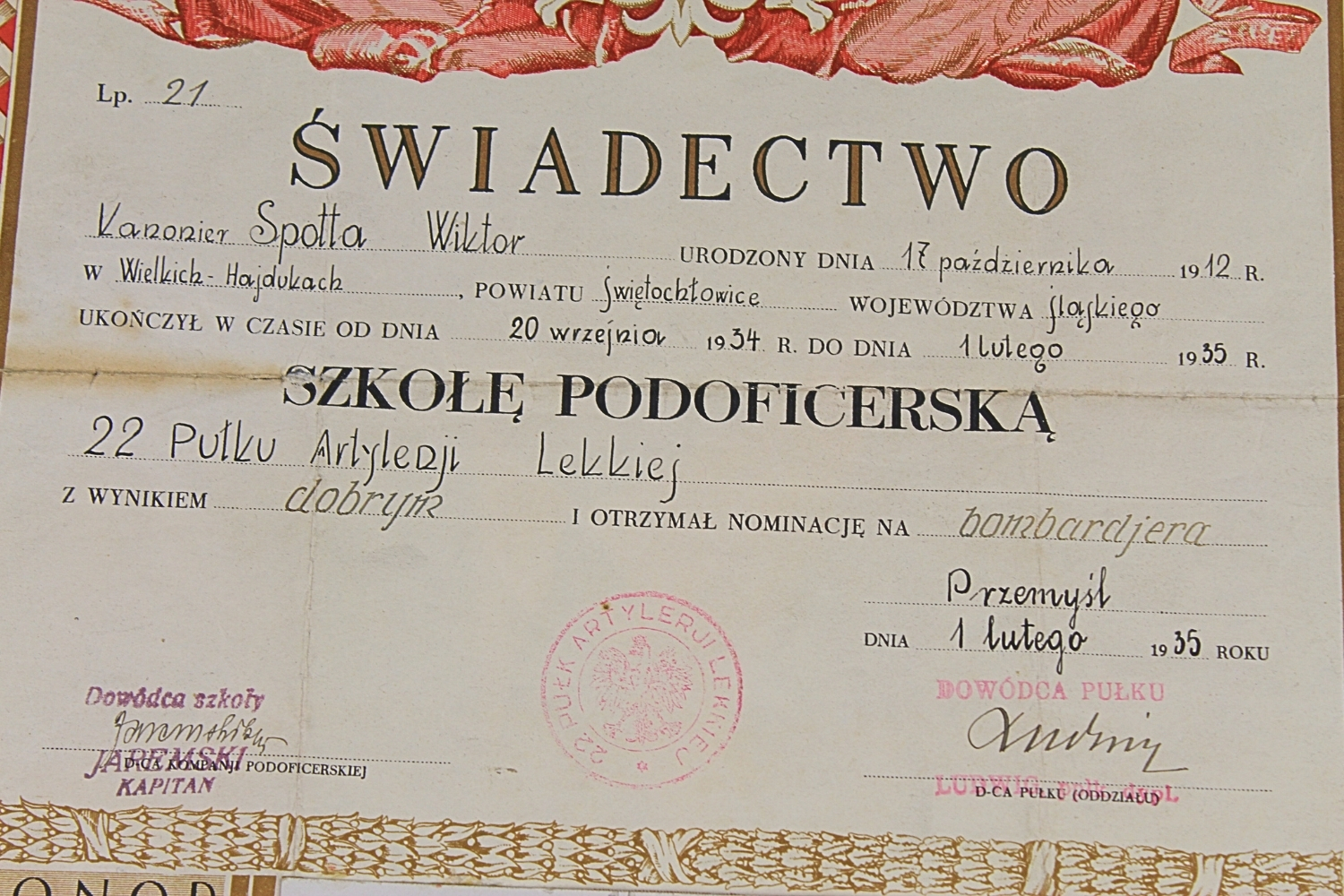 II RP Świadectwo ukończenia szkoły podoficerskiej 22 Pułk Art. Lekkiej 1935
