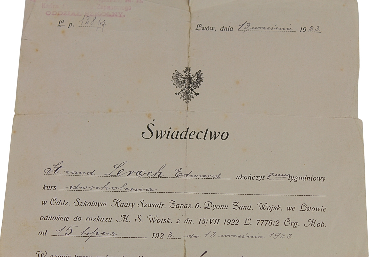 II RP ŚWIADECTWO 6 DYON ŻANDARMERII LWÓW